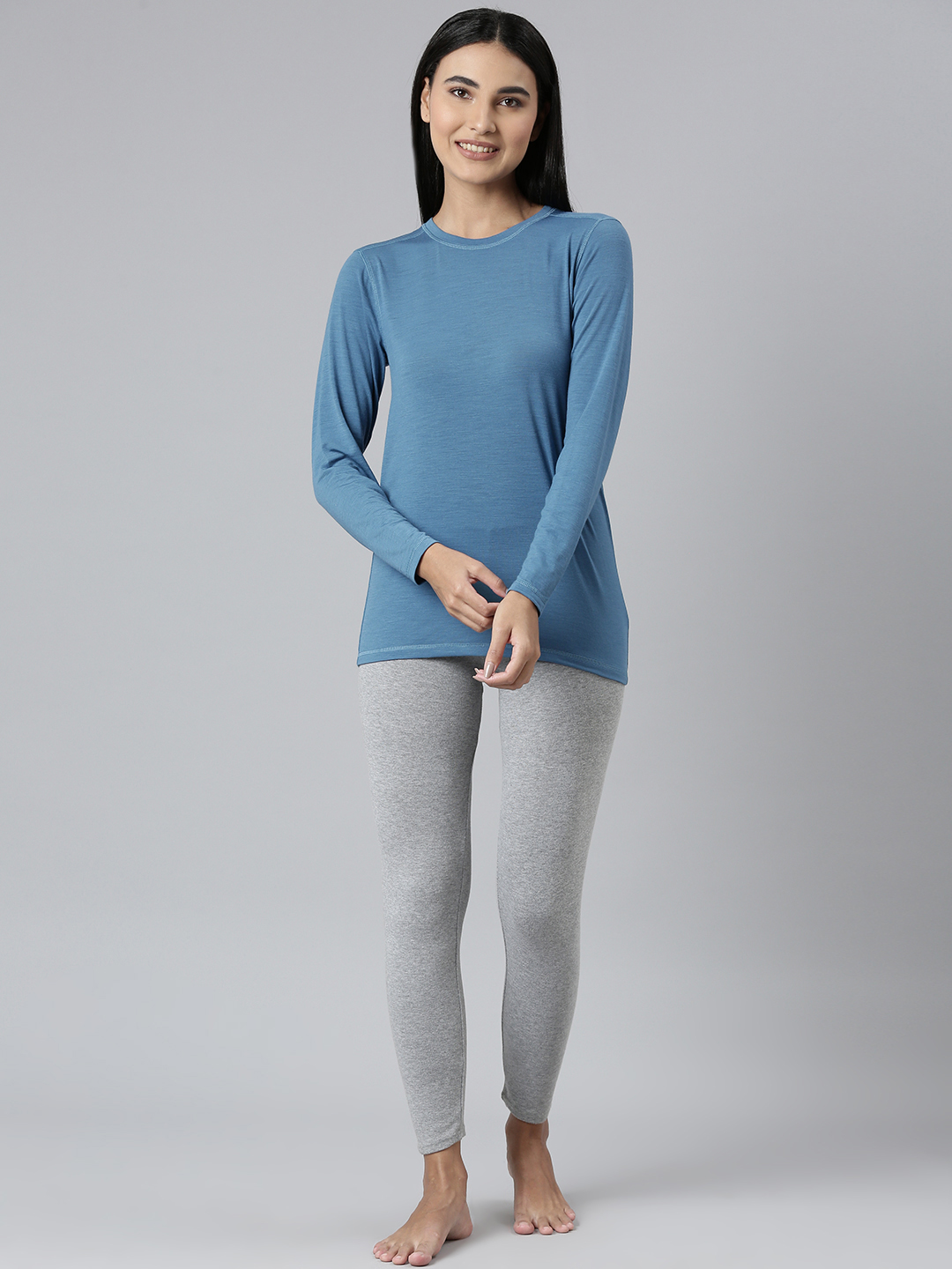 Kunzum Pastel Blue Merino wool, Bamboo & Polyester Full Sleeve Thermal Tee| Women | Free Warm Woolen Sock